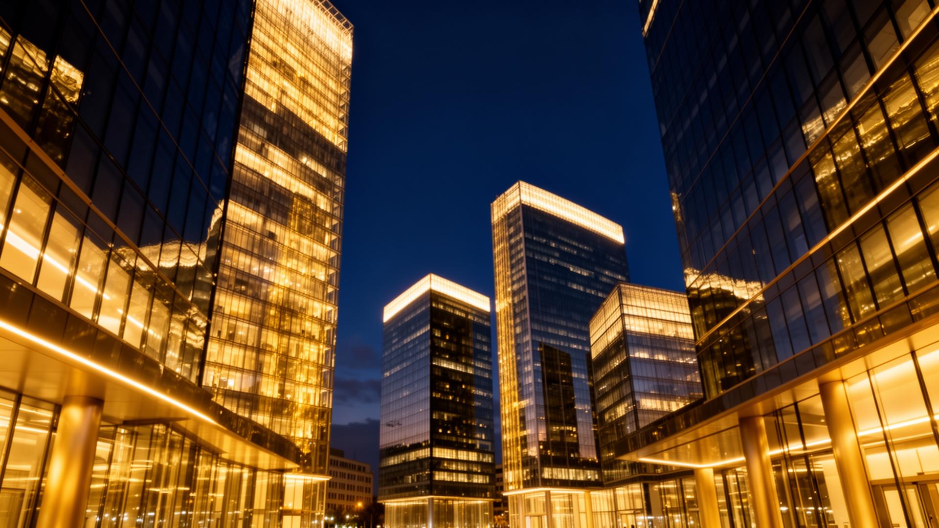 Modern European financial district at dusk